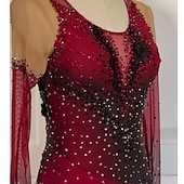 preiswerte Eiskunstlaufkleider-Eiskunstlaufkleid Damen Mädchen Eislaufen Kleid Schwarz Rrot Patchwork Daumenloch Spandex Netzstoff Hohe Elastizität Training Wettbewerb Eiskunstlaufkleidung Klassisch Kristall / Strass Langarm