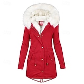 preiswerte Winter Parka-Damen Wintermantel Kunstpelzmantel Kapuzenjacke Warm Bequem Fellbesatz Reißverschluss Tasche Knöpfe Lässig Einfach Outdoor Urlaub Alltagskleidung Ausgehen Lang Mit Kapuze Normale Passform Langarm