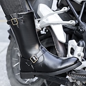 olcso Motoros csizma-Fekete műbőr férfi motoros csizma csattal – tartós és stílusos lábbeli motoros rajongóknak és karácsonyi kalandokhoz