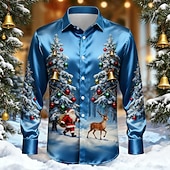levne Pánská saténová košile-Vánoce Pánské Ježíšek Vánoční stromek Sob Košile Saténová košile Košile k obleku Dlouhý rukáv Móda pro volný čas Venkovní Párty Dovolená Jaro Podzim Přehnutý 3D tisk Košile na knoflíky Světle modr