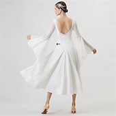 abordables Vêtements de Compétition-Robe de danse de salon pour femme, manches longues, taille strass, élégante, pour valse, tango, foxtrot, compétition – blanche