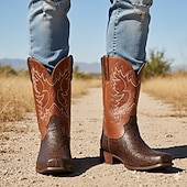 cheap Cowboy &amp; Western Boots-Men's Western Cowboy Boots with Orange Ostrich Leather and Dark Brown Embroidered Upper - Vintage Style for Rodeo and Casual Wear
