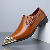 billige Loafers-Brune slip-on pensko i kunstskinn med metalltåhette til herre, elegante fest- og forretningssko