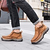 tanie Botki-brązowe, wsuwane buty męskie ze skóry ekologicznej – wygodne i wytrzymałe, z amortyzowaną wkładką, idealne do noszenia na co dzień, aktywności na świeżym powietrzu i codziennego użytku