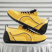 baratos Tênis Casuais-Tênis casual masculino amarelo e preto com design de malha respirável, calçado leve e antiderrapante para caminhadas ao ar livre, viagens e estilo cotidiano