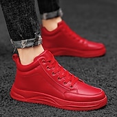 baratos Tênis Casuais-Tênis masculinos de cano alto em couro sintético vermelho – calçado moderno e confortável para uso casual no Natal e passeios de fim de ano