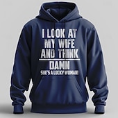 abordables Sweats 3D homme-Sweat à capuche drôle pour mari. Je regarde ma femme et je pense « putain, c&#039;est une femme chanceuse ». Sweat à capuche humoristique pour homme marié.