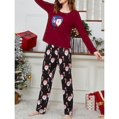 baratos Pijamas de Natal-Conjunto de Pijamas de Natal Feminino com Boneco de Neve e Árvore de Natal Confortável Gráfico do Pai Natal Cintura Elástica Camiseta Calça Férias em Casa Manga Longa Gola Redonda Rosa Vinho Vermelho