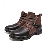 baratos Botas de trabalho-Botas masculinas de couro sintético bicolor, pretas e marrons, com tira de fivela lateral e design de gáspea dobrada, botas vintage feitas à mão para amantes da moda retrô