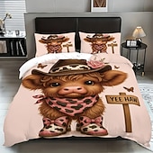 baratos Conjuntos de capa de edredão-Conjunto de capa de edredom de 3 peças com estampa de vaca das terras altas e flores fofas para cama grande, capa de edredom curta e macia com 2 fronhas – roupa de cama para quarto de hotel,