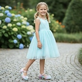 זול נעלי נסיכה לילדים-נעלי מרי ג'יין נוצצות לבנות עם פפיון ופנינים - צבעי הקשת בענן, עקב נוח