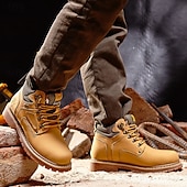 cheap Work Boots-Men's Yellow Faux Leather Work Safety Boots with Shock-Absorbing Sole and Steel-Toe Protection, Durable Construction Boots for Outdoor Labor and Industrial Work