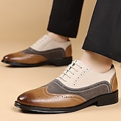 cheap Brogue Shoes-Men's Brown and Beige Faux Leather Brogue Oxford Shoes with Wingtip Detailing and Classic Lace-Up Design, Vintage Formal Shoes for Office and Parties