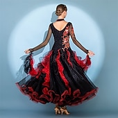 economico Abbigliamento da Competizione-abito da ballo da sala da donna in organza arricciata con ricami a fiamma rossa nera, tango foxtrot paso doble, abito da competizione