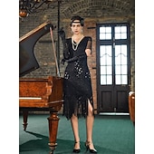 お買い得  1920年代のドレス-セット 20代の轟音 1920年代風 膝丈 フラップワンピース 二次会ドレス / カクテルドレス ファンシーコスチューム アクセサリー付き 半袖 グレートギャツビー フラッパーガール スパンコール タッセル Ｖネック 仮装 女性用 クリスマス 新年 パーティー スピークイージー マスカレード 成人 ドレス グローブ イヤリング