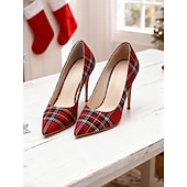 abordables Bombas Clásicas-Tacones altos de aguja a cuadros para mujer, zapatos clásicos de punta puntiaguda a cuadros para fiestas navideñas y conjuntos festivos. &amp;celebraciones de invierno