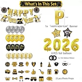 levne Nový rok-Silvestrovské dekorace v černé a zlaté barvě, 52 ks, sada balónkových girland s motivem nového roku 2026 – banner, rekvizity do fotobudky &amp;párty potřeby pro oslavu odpočítávání