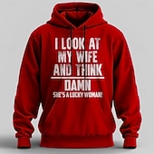 abordables Sweats 3D homme-Sweat à capuche drôle pour mari. Je regarde ma femme et je pense « putain, c&#039;est une femme chanceuse ». Sweat à capuche humoristique pour homme marié.