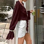 economico Bluse Eleganti-Per donna Elegant Top in raso Blusa Top in chiffon Arricciato Volant Patchwork Tinta unica Elegante Casual Spiaggia Manica Lunga Scollo a V Top Regolari Quotidiano Ferie Uscire Bianco Vino Primavera