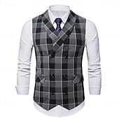 tanie Męska kamizelka-Męskie Kamizelka Strój koktajlowy Formalny Ślub Urlop Biznes Moda Klasyczny Wiosna Jesień Kieszeń Guziki Poliester Wygodny Kratka Guziki jednorzędowe W serek Regularny Czarny Brązowy Khaki Szary