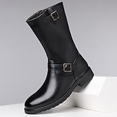 olcso Motoros csizma-Fekete műbőr férfi motoros csizma csattal – tartós és stílusos lábbeli motoros rajongóknak és karácsonyi kalandokhoz