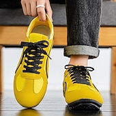 baratos Tênis Casuais-Tênis casual masculino amarelo e preto com design de malha respirável, calçado leve e antiderrapante para caminhadas ao ar livre, viagens e estilo cotidiano