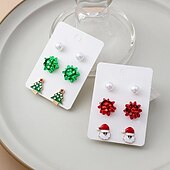 abordables Anillos de mujer-Conjunto de pendientes navideños: colección de joyas navideñas con lazos rojos y verdes, Papá Noel, árbol de Navidad y perlas.