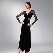 economico Abbigliamento da Competizione-abito da ballo da sala da donna in velluto nero con scollo a V profondo, maglia trasparente, maniche lunghe, elegante abito da competizione per tango, valzer e rumba