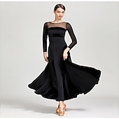 economico Sala da Ballo Standard-abito da ballo da sala con maniche trasparenti per donna - abito a trapezio con maniche lunghe e dettagli in velluto per competizioni, eventi di ballo latino e danza - nero