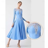 cheap Competition Wear-Women's Ballroom Dance Dress Long Sleeve Mesh Lace Waltz Tango Competition Performance Practice Gown Elegant Flowing Skirt – Light Blue