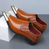 billige Loafers-Brune slip-on pensko i kunstskinn med metalltåhette til herre, elegante fest- og forretningssko