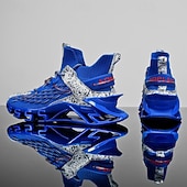 baratos Tênis de Corrida Masculinos-Tênis de corrida futuristas azuis masculinos com cabedal em malha e sola com absorção de impacto, calçados esportivos leves para esportes, academia e moda streetwear