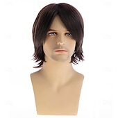 billige Herreparykker-Korte, rett, brune parykker for menn naturlig syntetisk hår med sidedeler