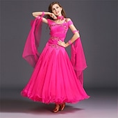 Недорогие Стандартный бальный зал-женское платье для бальных танцев, ярко-розовое, с цветочной аппликацией из страз, многослойной органзы, элегантное, для выступлений на соревнованиях по вальсу, танго, фокстроту