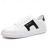 abordables Zapatillas Informales-Zapatillas casuales de piel sintética blanca para hombre con panel de acento marrón y diseño con cordones, zapatos de calle cómodos para atuendos urbanos y deportivos diarios.