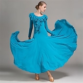 cheap Standard  Ballroom-Elegant Blue Ballroom Dance Dress with Ruffled Neckline and Long Sleeves for Latin and Social Dancing