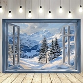 olcso Faliszőnyegek-havas táj ablakmintás gobelin, nagyméretű fali faldekoráció, fotóháttér szövet, lakberendezés hálószobába, nappaliba vagy irodába