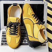 baratos Tênis Casuais-Tênis casual masculino amarelo e preto com design de malha respirável, calçado leve e antiderrapante para caminhadas ao ar livre, viagens e estilo cotidiano