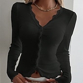abordables Camiseta lisa-Mujer Blusa Tops elegantes Tops de encaje Tops ajustados Frunce Sayo Ribete de encaje Plano Elegante Vintage damas Manga Larga Escote en Pico Tops regulares Diario Trabajo Festivos Negro Blanco Vino