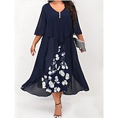 ieftine Rochii-Pentru femei Mărime Plus Rochie casual Floral În V Lungime Manșon 3/4 Primăvară Toamnă Elegant Modă Modern Casual Rochii Midi Zilnic Concediu Rochie