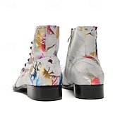 abordables Botas de cuero de primera calidad-Botines de piel con efecto salpicado de pintura blanca para hombre, con cordones en la parte delantera y punta puntiaguda, botas artísticas de piel de vaca de moda para escenarios, clubes y fiestas.