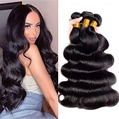 baratos 3 conjuntos de extensões de cabelo natural-12a pacotes de cabelo humano 8-28 polegadas onda corporal 100% cabelo virgem brasileiro não processado 4 pacotes extensões de cabelo humano trama rápida preto natural