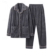 levne Pyžama-Pánské Noční prádlo Sady nočního prádla Pyžamový top a kalhoty 1 sada Bez vzoru Módní stylové Klasické Domů Denní Postel Polyester Zahřívací Pohodlné Yumuşak Klopa Dlouhý rukáv Košile Kalhoty