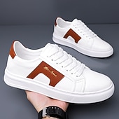 abordables Zapatillas Informales-Zapatillas casuales de piel sintética blanca para hombre con panel de acento marrón y diseño con cordones, zapatos de calle cómodos para atuendos urbanos y deportivos diarios.