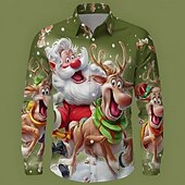 cheap Christmas Animal Outfit-Christmas Men's Cartoon Santa Claus Reindeer Shirt Button Up Shirt Long Sleeve Funny Outdoor Holiday Spring Fall Turndown 3D Print Collared Shirts Blue White 1 White Pink Orange