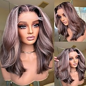 billiga Human Hair Lace Front Wigs-Brazilian Hair 100% Unprocessed Virgin Hair 5x5 Closure Wigs  Ash Blonde Highlighted 13x4 Lace Front Human Hair Wig Short Bob Wavy Wig Natural Hairline