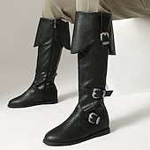 olcso lovaglócsizma-férfi fekete műbőr magas szárú csizma stílusos csattal – tökéletes karácsonyi partikra és téli divatba