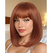 voordelige Synthetische trendy pruiken-Highlight gelaagde pruiken met pony 14 inch kort gemengd bruin lijmloos kant-en-klare rechte synthetische bobpruiken voor vrouwen realistische hoofdhuid dagelijks cosplaygebruik