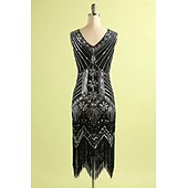 abordables Vestidos de los años 20-Conjunto Rugido 20s 1920s Hasta la Rodilla Vestido Flapper Vestido Cóctel Disfraz de lujo con accesorios Sin Mangas El gran Gatsby Chica de la aleta Lentejuelas Borlas Escote en Pico Disfraz Mujer