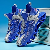 baratos Tênis de Corrida Masculinos-Tênis de corrida futuristas azuis masculinos com cabedal em malha e sola com absorção de impacto, calçados esportivos leves para esportes, academia e moda streetwear